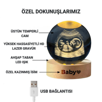 Kişiye Özel Kristal Küre — Ultrason & Anı Gravürü | LED Ahşap Taban Seçenekli