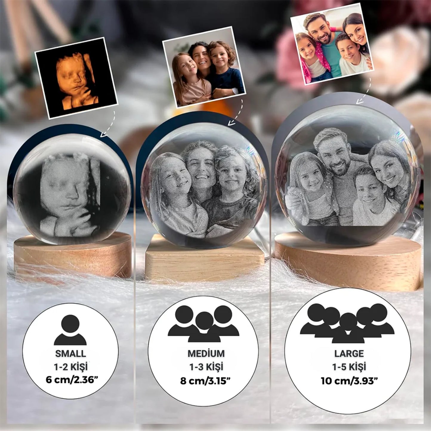 Kişiye Özel Kristal Küre — Ultrason & Anı Gravürü | LED Ahşap Taban Seçenekli